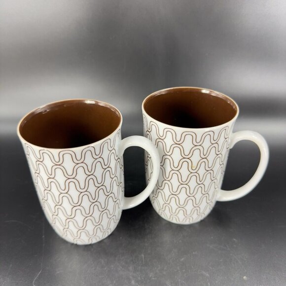1970s FITZ & FLOYD FISHNET COFFEE MUG CUP BROWN WHITE HANDLED MUG SET 2 Pcs - Picture 8 of 13